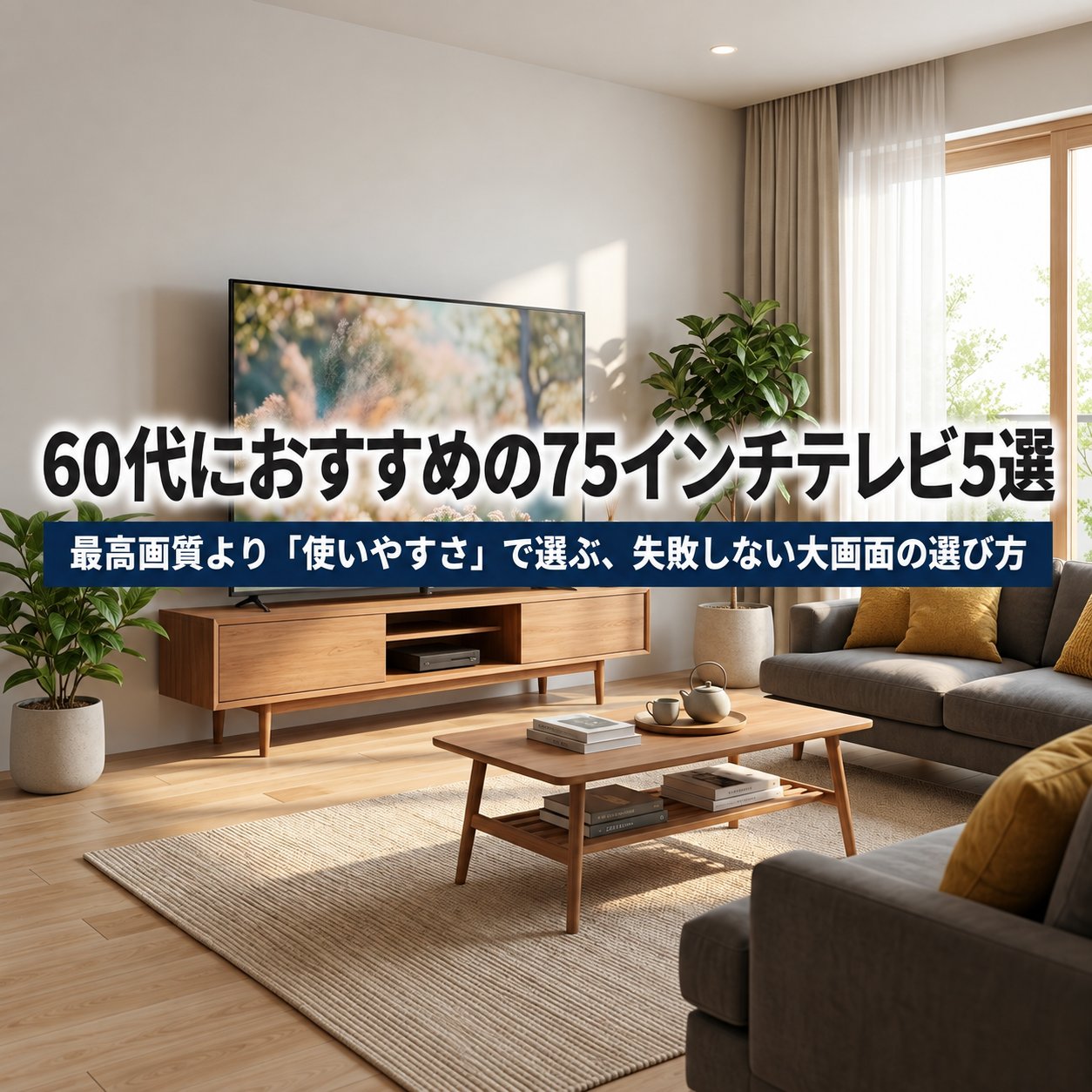 明るいリビングに75インチテレビを置き、「60代におすすめの75インチテレビ5選」と使いやすさ重視の選び方を示す記事アイキャッチ。