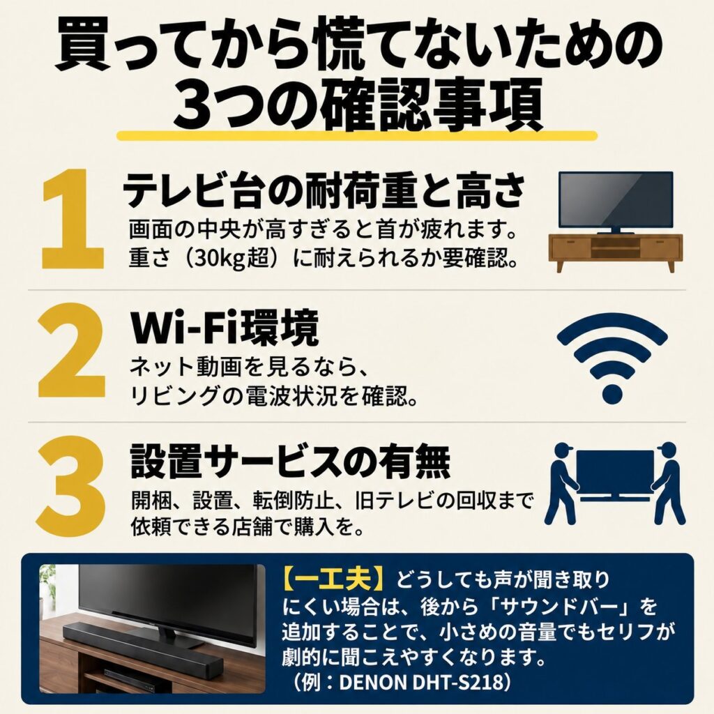 75インチテレビ購入前に確認したいテレビ台の耐荷重と高さ、Wi-Fi、設置サービス、サウンドバー追加を図解。