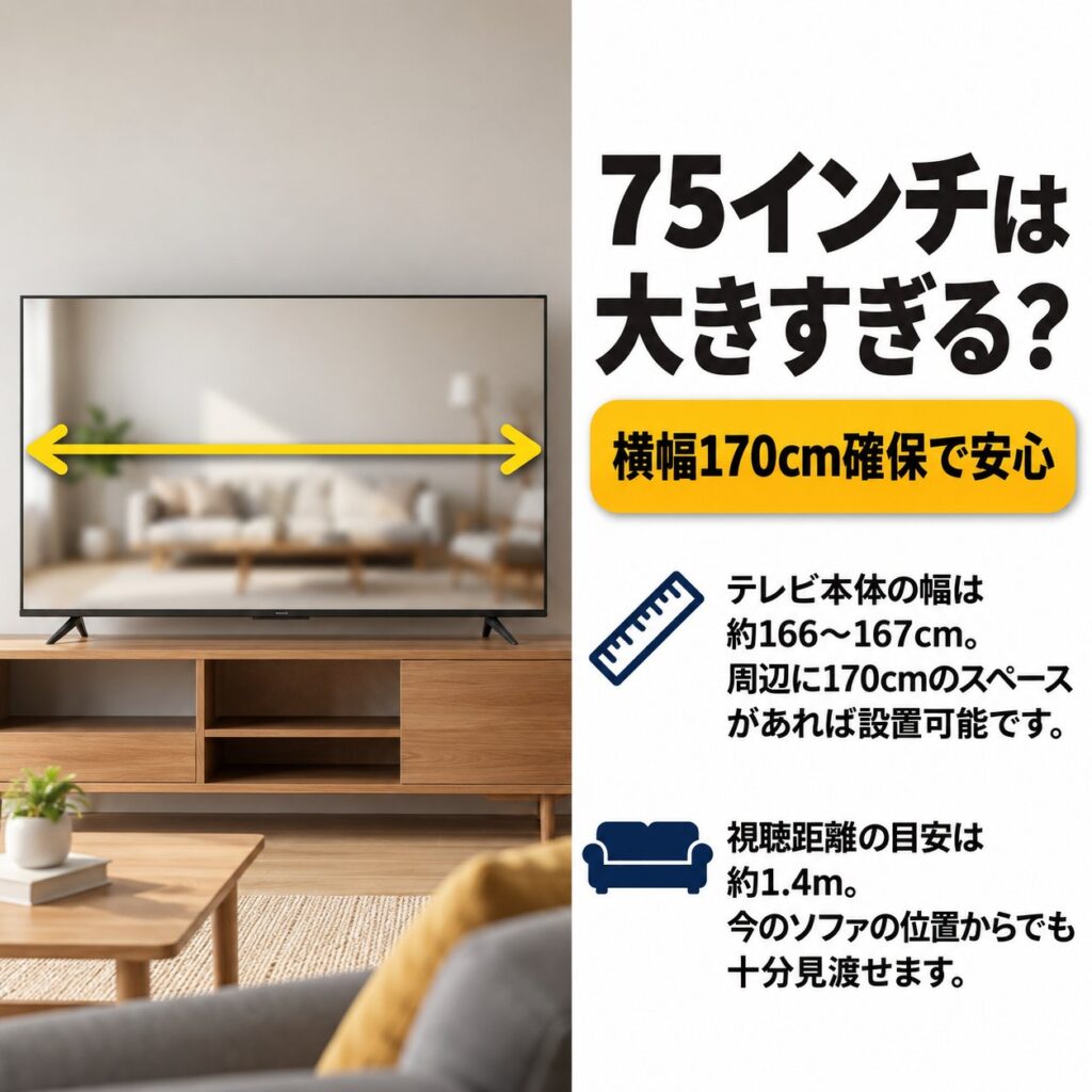 75インチテレビの横幅約166〜167cmと設置スペース170cm、視聴距離約1.4mの目安を図解したインフォグラフィック。