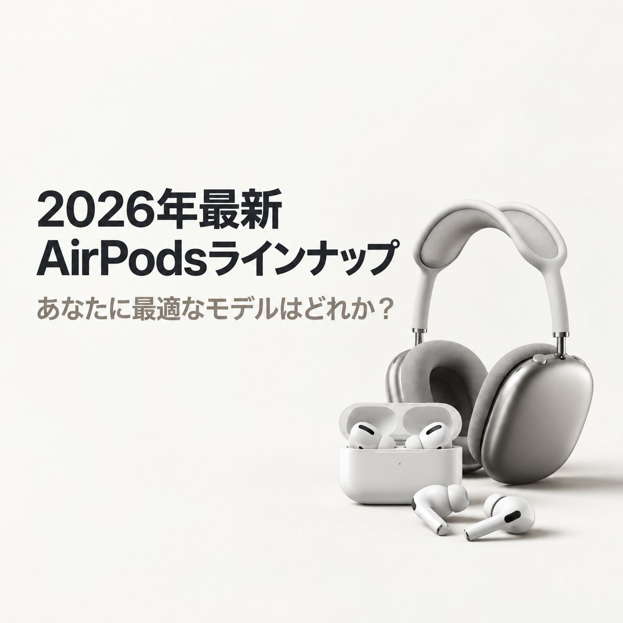 2026年のAirPodsラインナップとして、AirPods 5・Pro 3・Max 2を並べた比較記事の導入ビジュアル