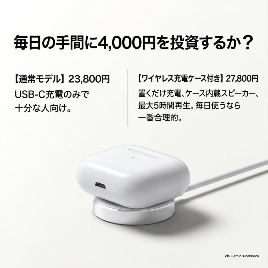 AirPods 5の通常モデル23,800円とワイヤレス充電ケース付き27,800円の違いを比較した画像