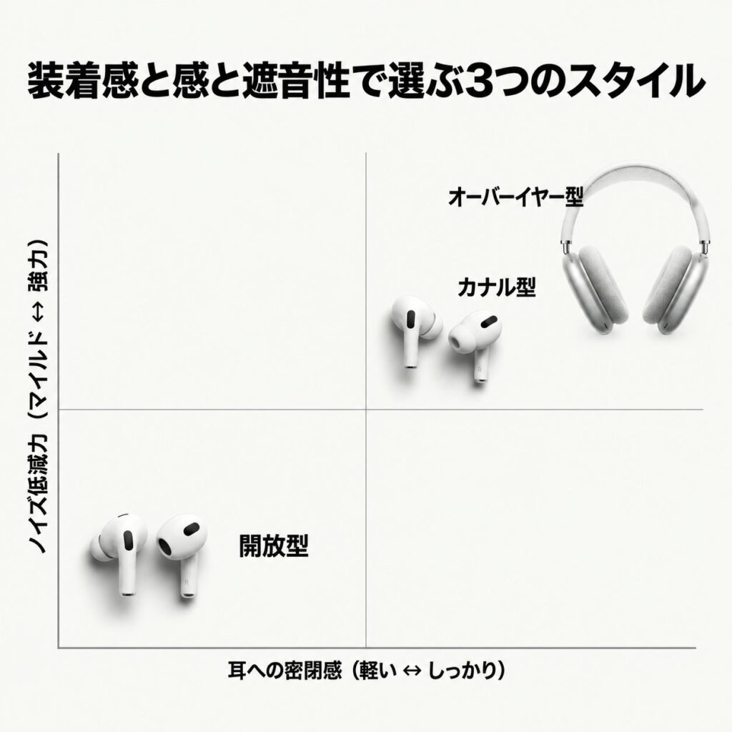 開放型・カナル型・オーバーイヤー型を、耳の密閉感とノイズ低減力の2軸で配置したAirPods選びの図