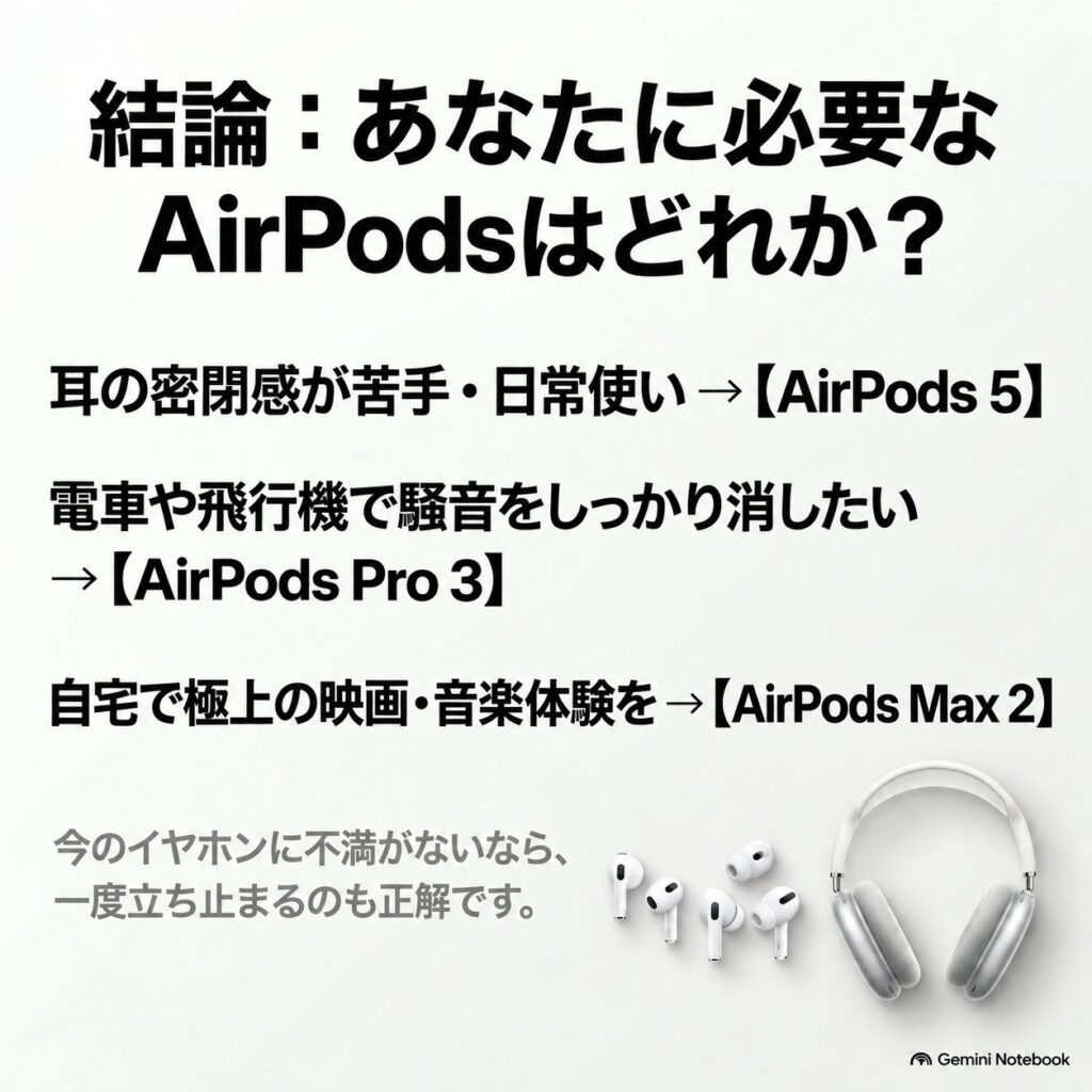 AirPods 5・Pro 3・Max 2を、日常使い・騒音対策・自宅での没入体験という用途別に選び分ける結論画像