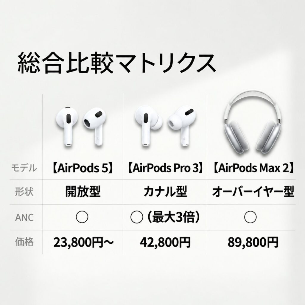AirPods 5・AirPods Pro 3・AirPods Max 2を、形状・ANC・価格で一覧比較したマトリクス画像