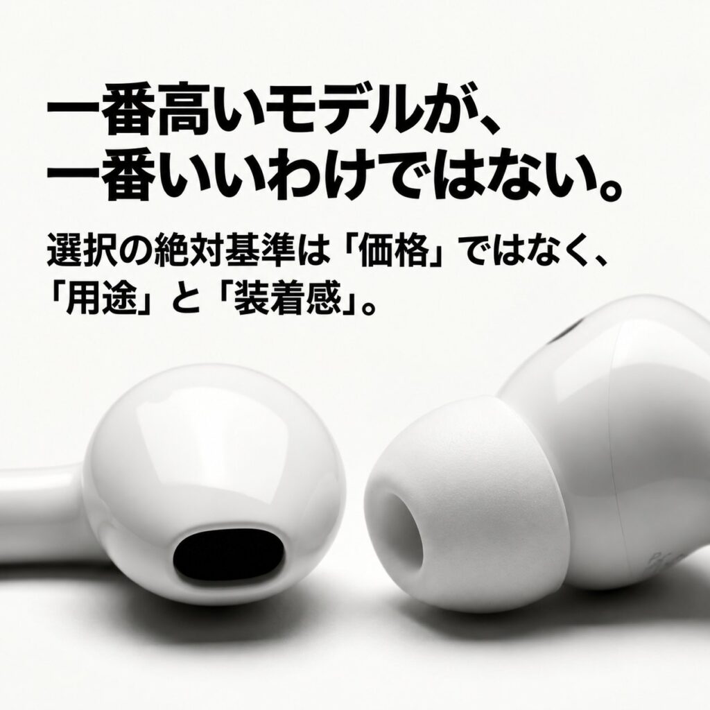 AirPods選びは価格の高さではなく、用途と装着感を基準にするという記事の判断軸を示したスライド