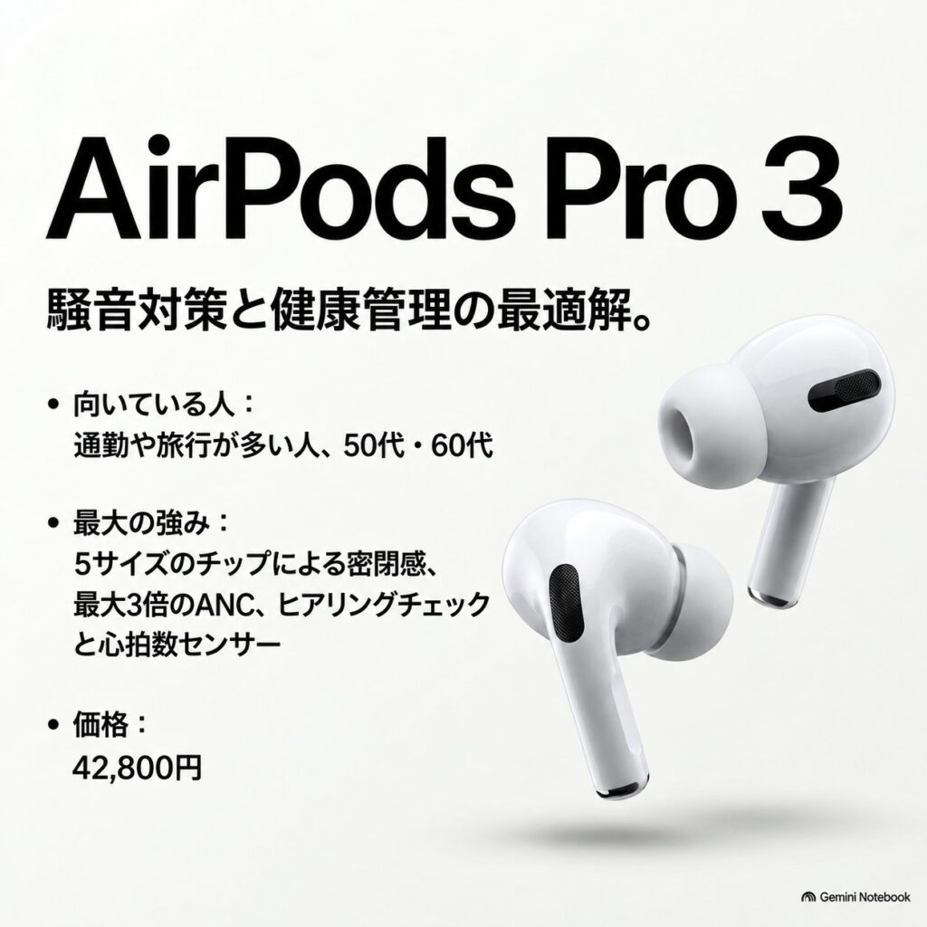 AirPods Pro 3のカナル型デザインと、騒音対策・ヒアリング機能・心拍数センサー、価格42,800円を示す画像