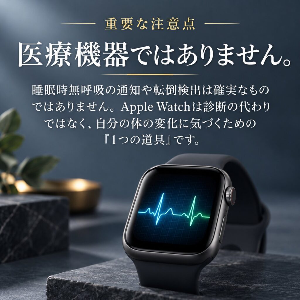 暗い背景のApple Watchと心拍波形を使い、「医療機器ではありません」と睡眠時無呼吸通知や転倒検出の注意点を示した画像
