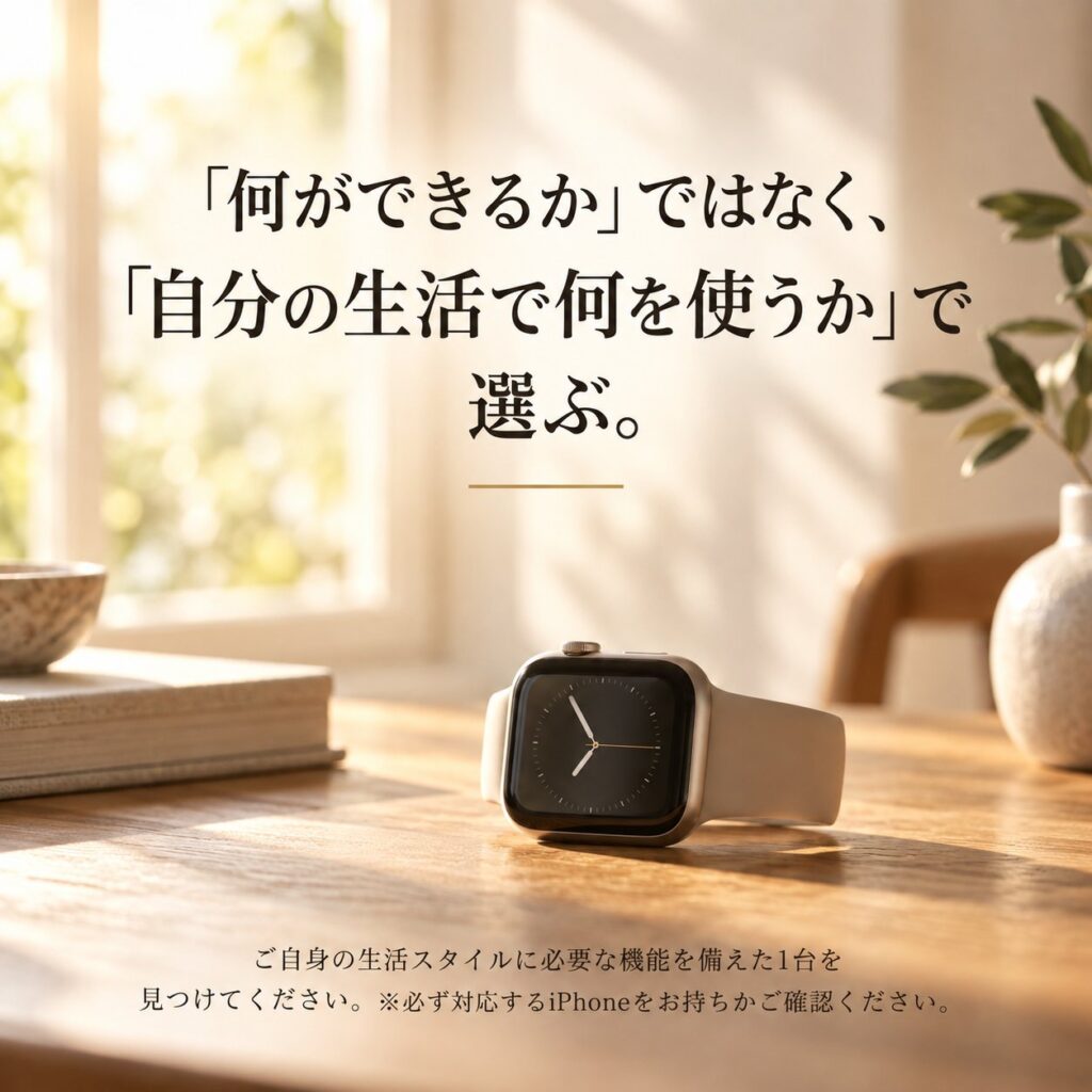 朝の自然光が入る室内にApple Watchを置き、「何ができるかではなく、自分の生活で何を使うかで選ぶ」と結論を示した画像