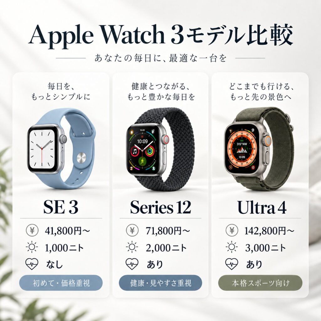 Apple Watch SE 3、Series 12、Ultra 4の製品写真と価格・画面の明るさ・健康機能・おすすめ用途を3列で比較した画像