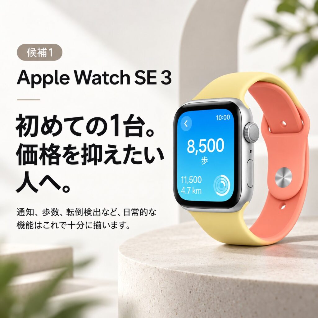 黄色とオレンジのバンドのApple Watch SE 3を大きく配置し、「初めての1台。価格を抑えたい人へ。」と示した画像