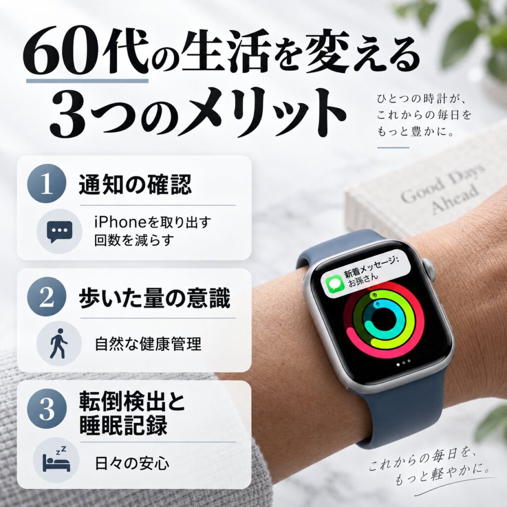 Apple Watchを着けた手首と、通知確認・歩数の意識・転倒検出と睡眠記録という60代向け3つのメリットを整理した画像