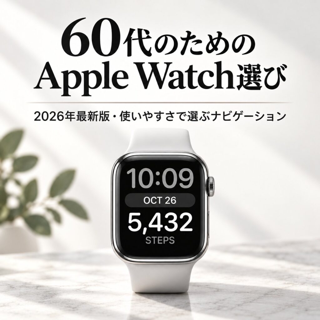 白いApple Watchの製品写真に「60代のためのApple Watch選び」と2026年最新版の案内文を配置した正方形の導入画像