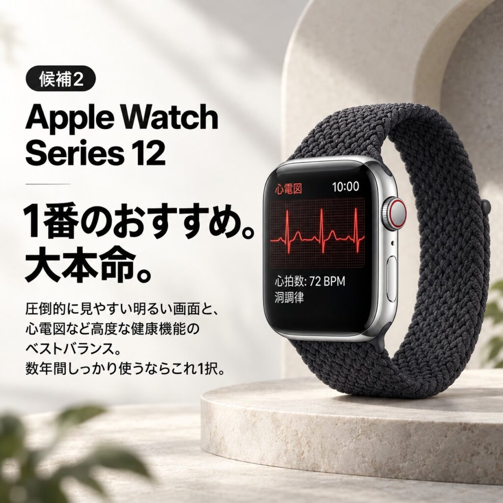 黒い編み込みバンドのApple Watch Series 12と心電図画面を大きく見せ、「1番のおすすめ。大本命。」と示した画像