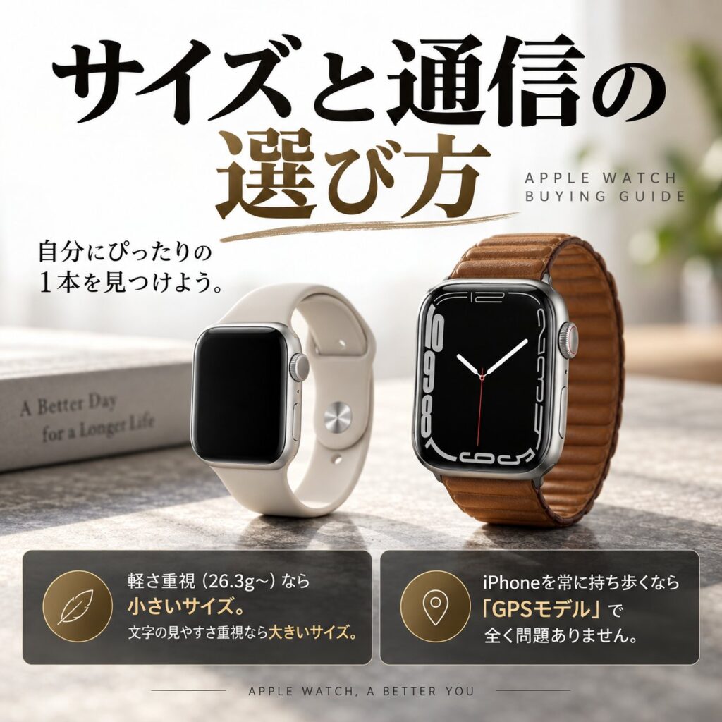 大小2台のApple Watchを並べ、「サイズと通信の選び方」と軽さ・文字の見やすさ・GPSモデルの選択基準をまとめた画像