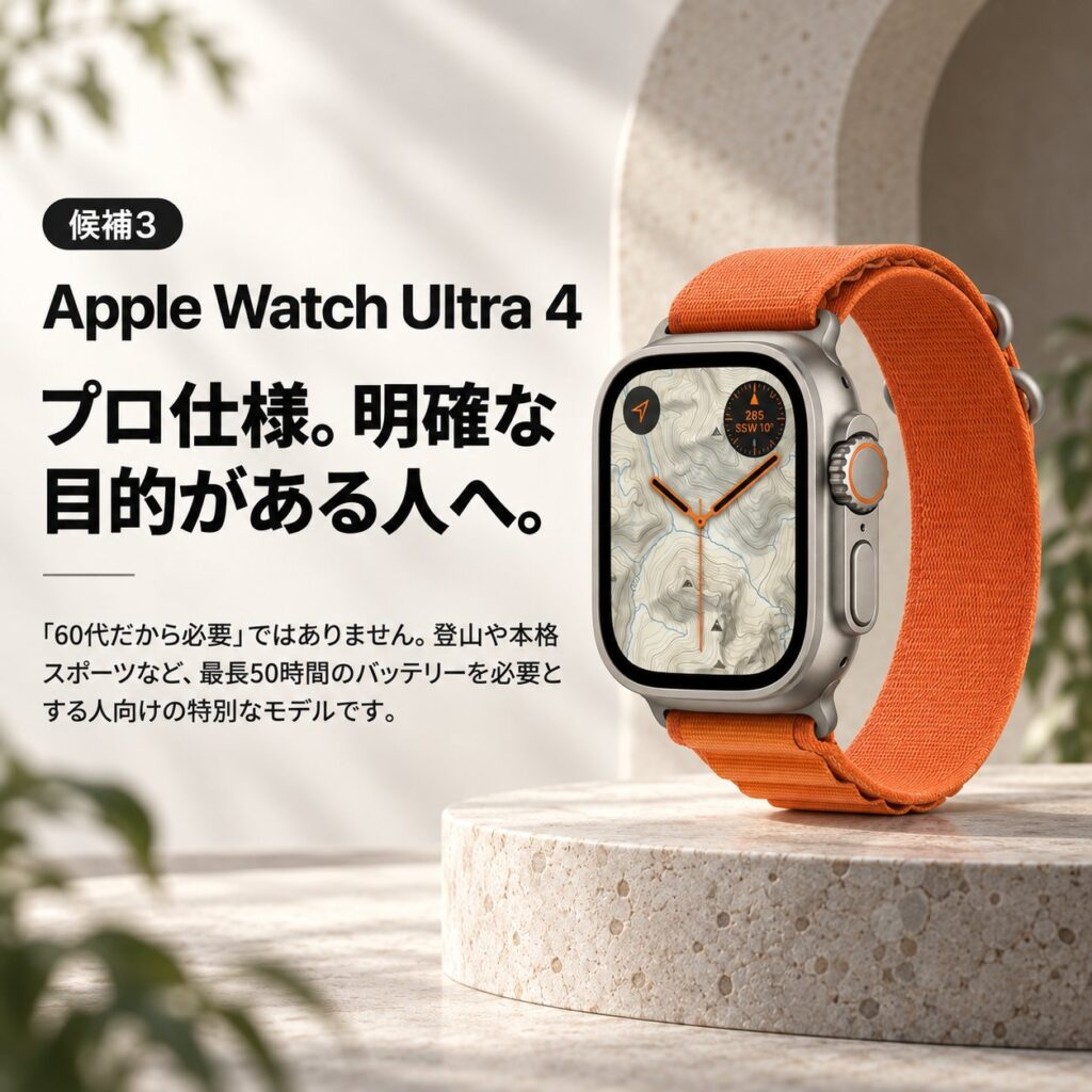 オレンジバンドのApple Watch Ultra 4と地図画面を大きく見せ、「プロ仕様。明確な目的がある人へ。」と示した正方形画像