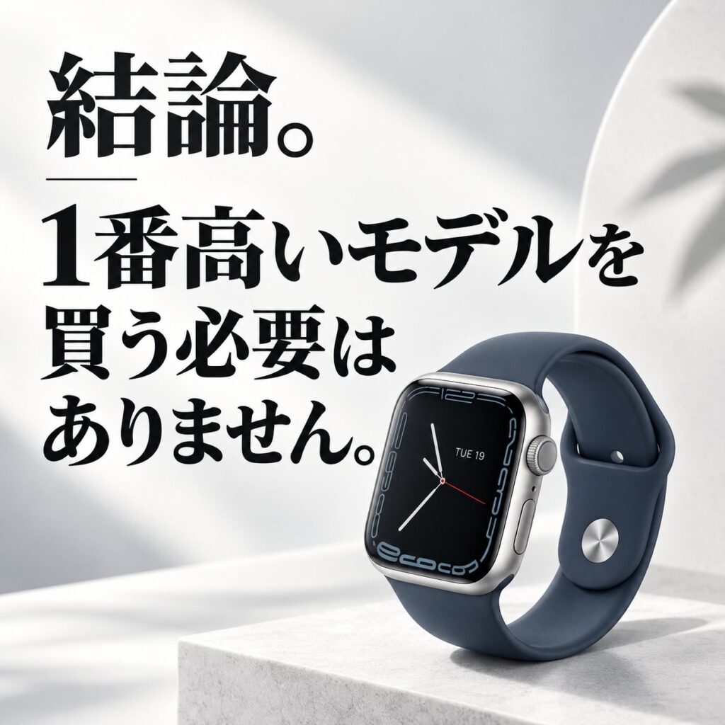 青いバンドのApple Watchを右下に置き、「1番高いモデルを買う必要はありません」と結論を大きく示した正方形画像