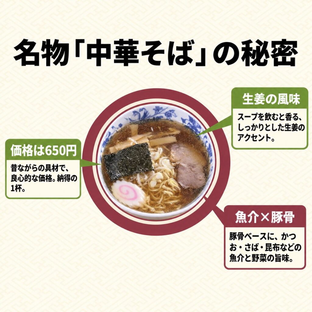 大福屋の中華そば写真を中央に置き、650円の価格、生姜の風味、魚介と豚骨のスープ構成を解説した図
