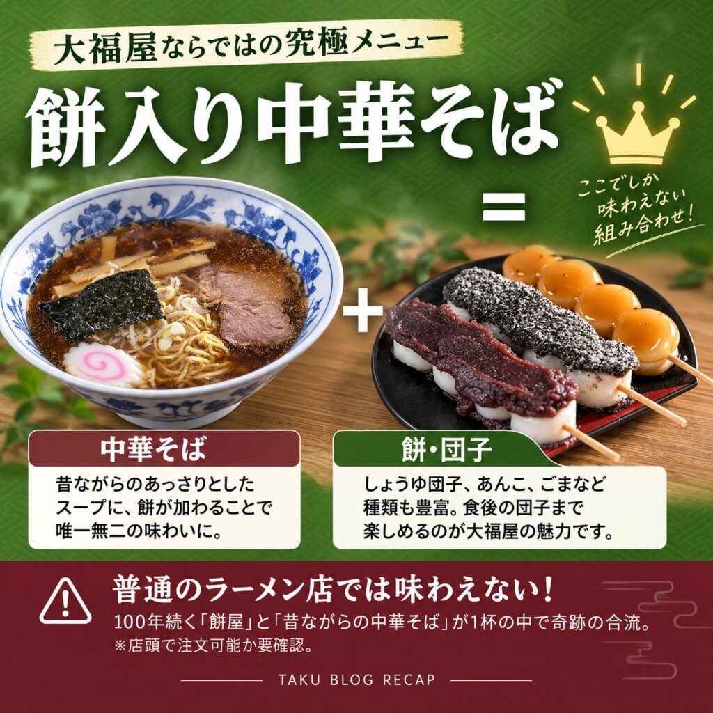 中華そばと餅を足して王冠に見立て、「餅入り中華そば」を大福屋ならではのメニューとして紹介する緑色の図