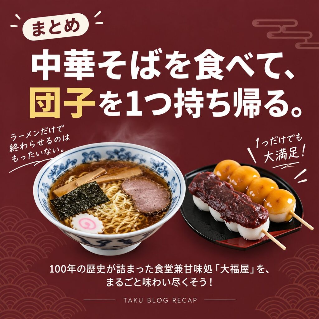 中華そばと団子の写真を並べ、「中華そばを食べて、団子を1つ持ち帰る」と記事の結論を示すえんじ色のまとめ画像