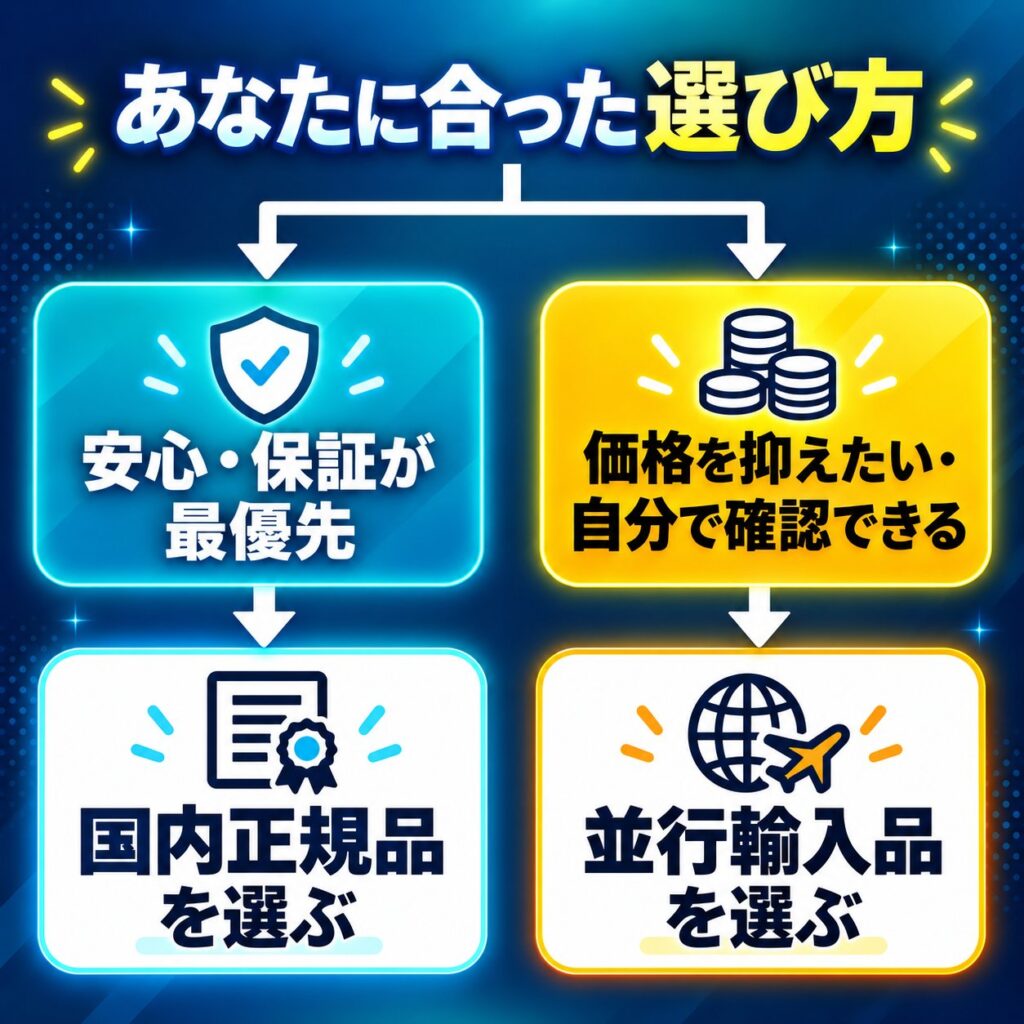 安心や保証を最優先する人は国内正規品、価格を抑えて自分で確認できる人は並行輸入品を選ぶ流れを示す選択チャート。