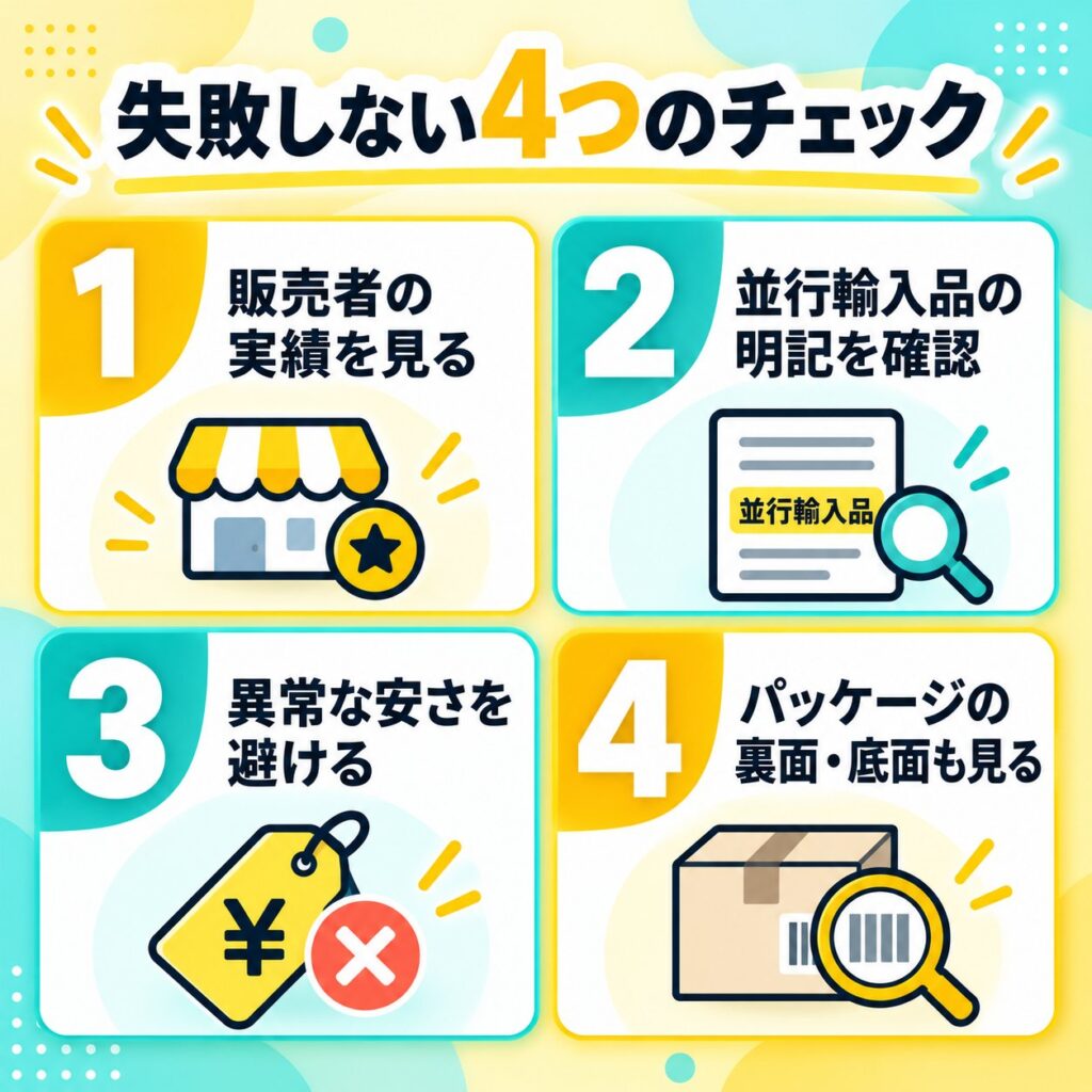 グランズレメディ並行輸入品で失敗しないため、販売者実績、並行輸入表記、異常な安さ、裏面・底面の4項目を示す画像。