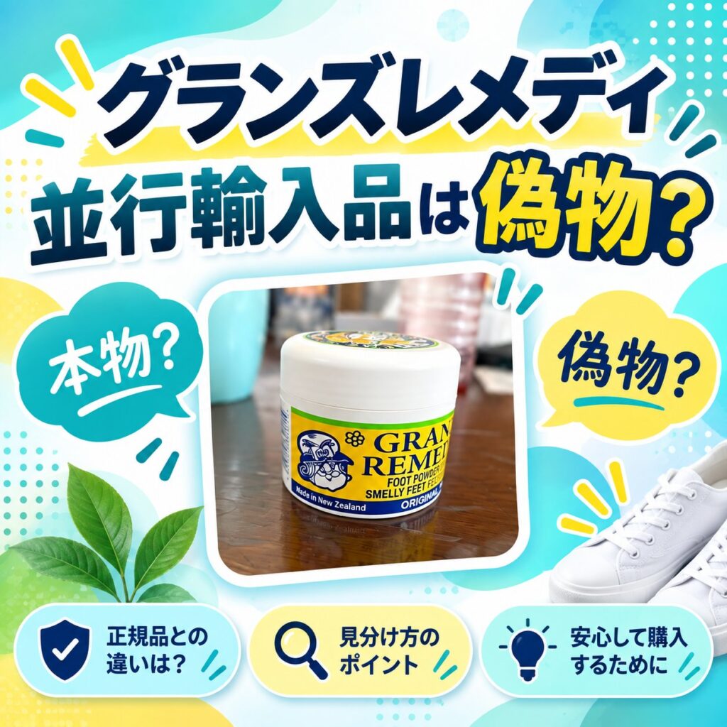 グランズレメディの実物写真を中央に置き、「並行輸入品は偽物？」と問いかけ、正規品との違いや見分け方を示す導入画像。