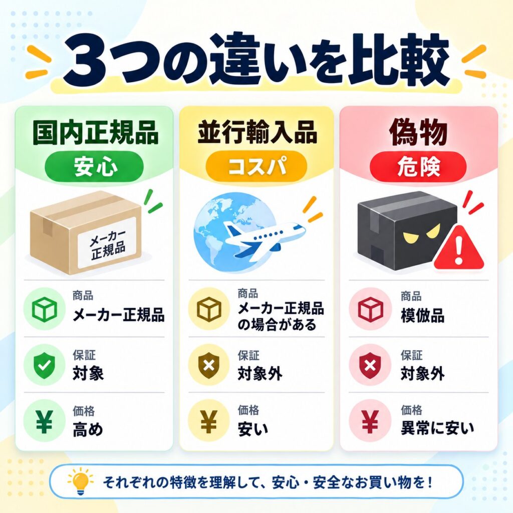 国内正規品・並行輸入品・偽物の3種類について、商品、保証、価格の違いを色分けした3列の比較表で示す画像。