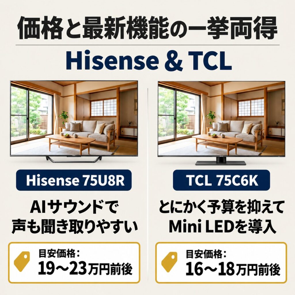 Hisense 75U8RとTCL 75C6Kを並べ、AIサウンド、Mini LED、19〜23万円と16〜18万円の価格目安を比較。