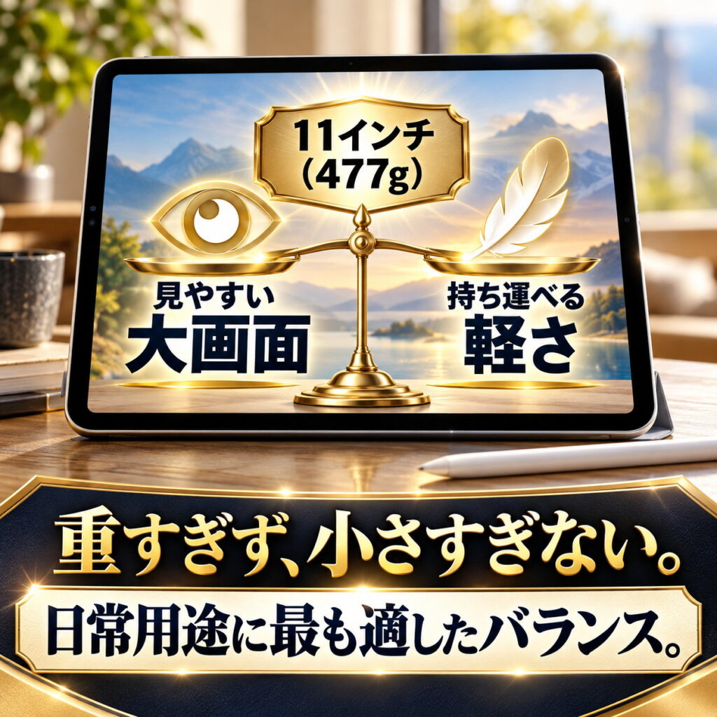 11インチiPadを背景に、見やすい大画面と持ち運べる軽さを天秤で比較し、477gのバランスを示す正方形画像。