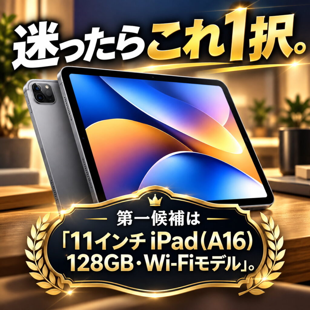 室内の机に置いたiPadと「迷ったらこれ1択」の見出し、11インチiPad（A16）128GB・Wi-Fiモデルを第一候補として示す画像。