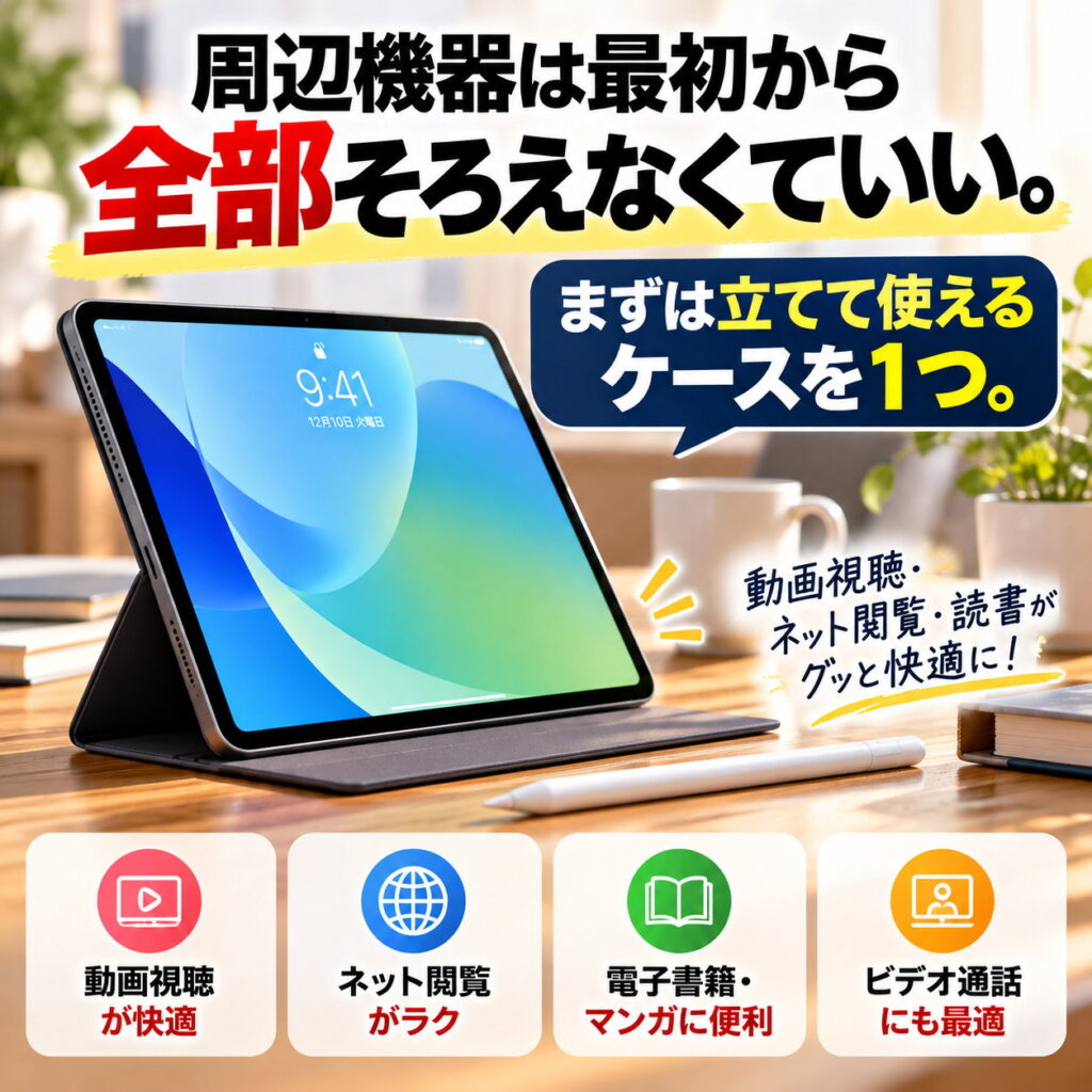 スタンド機能付きケースで立てたiPadとペンを机上に置き、周辺機器は最初から全部そろえなくてよいと伝える画像。