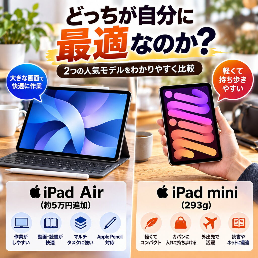 iPad AirとiPad miniを左右に並べ、Airは作業性、miniは軽さと携帯性を重視する違いを比較した正方形画像。