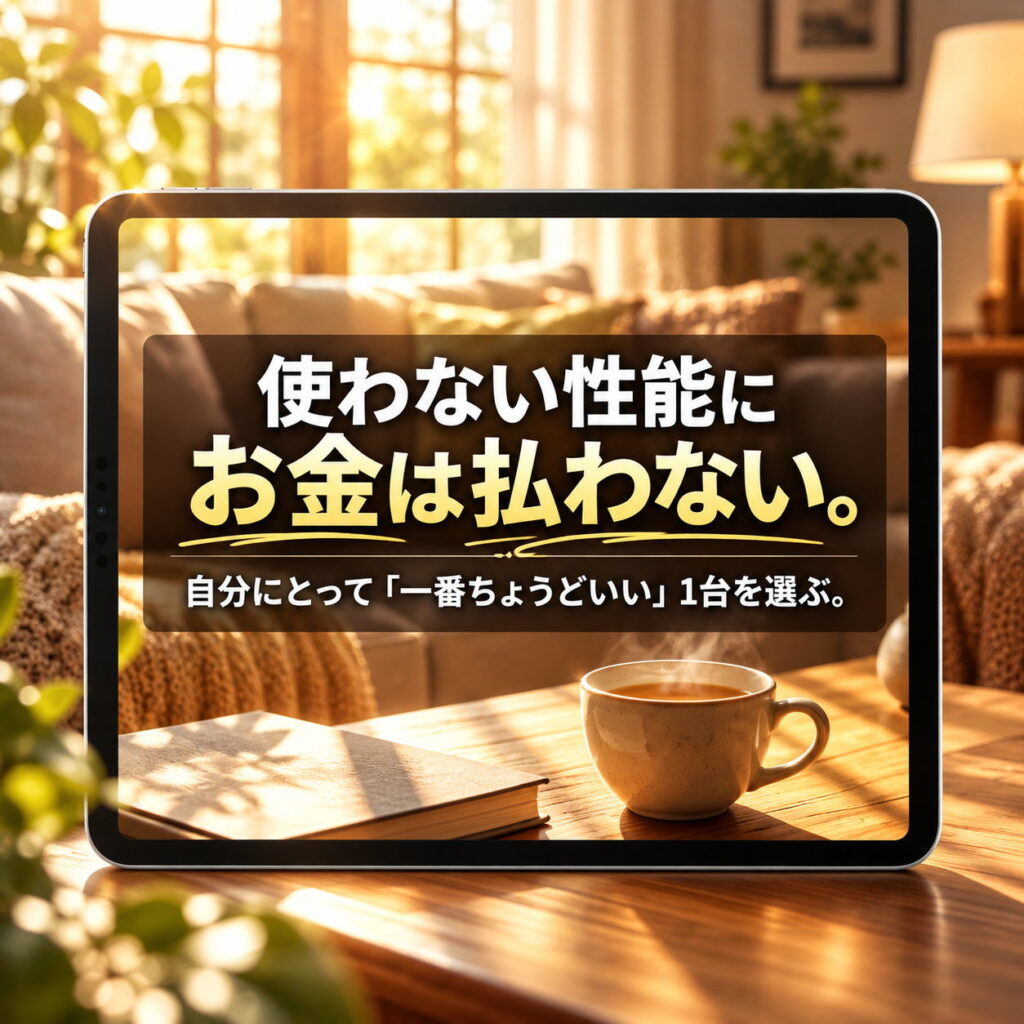 夕日の差す室内でiPadとコーヒーを描き、「使わない性能にお金は払わない」と適正な1台選びを訴える画像。