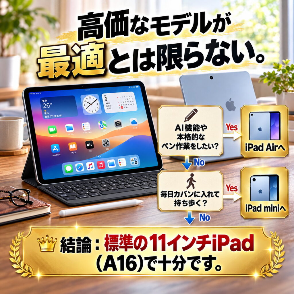 標準iPadを中心に、AIや本格的なペン作業ならAir、軽さ優先ならminiへ分岐する選び方を図解した画像。