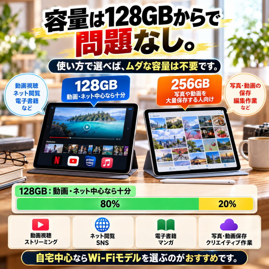 128GBと256GBのiPadを並べ、動画視聴やネット中心と写真・動画保存中心の使い方で必要容量を比較した画像。
