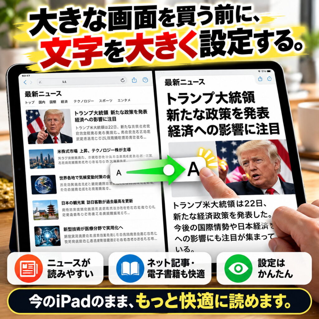 ニュース画面を表示したiPadで文字サイズの小・大を比較し、スライダー操作で文字を大きくする設定を示した画像。