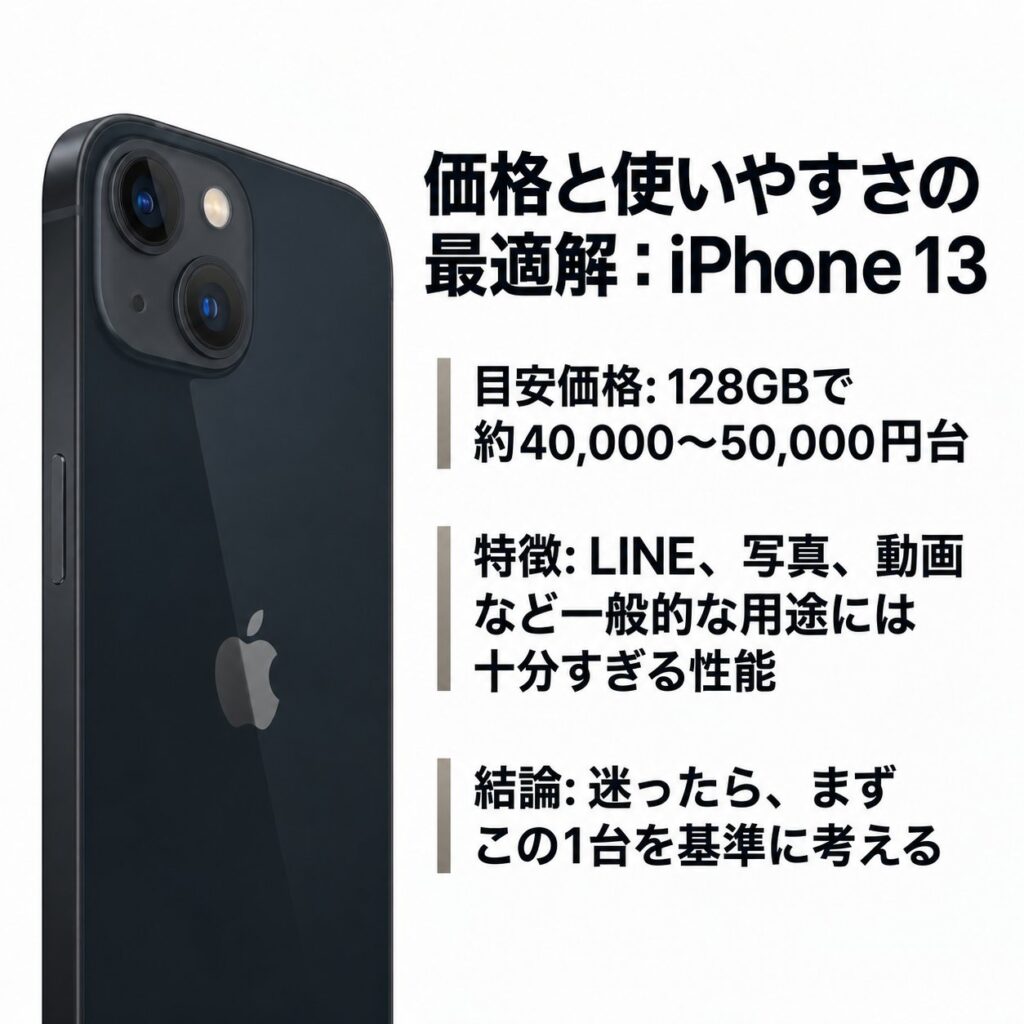 中古iPhone 13の本体画像と、128GBの目安価格、一般用途で十分な性能、選択基準をまとめた解説画像。
