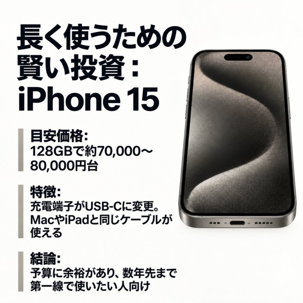 中古iPhone 15の本体とUSB-C端子を示し、128GBの目安価格と長期利用を重視する人向けの特徴をまとめた画像。