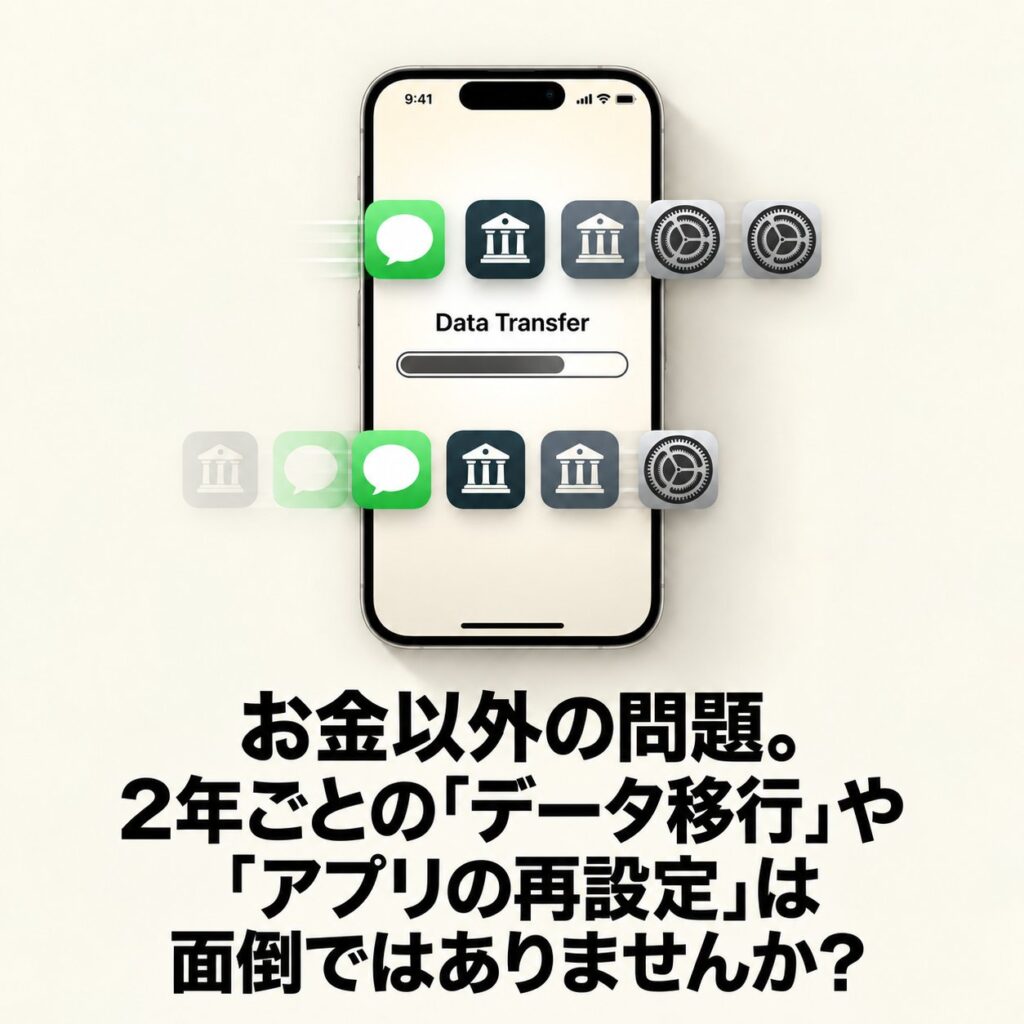 iPhone画面でメッセージや銀行、設定アプリのデータ移行を表し、2年ごとの機種変更や再設定の手間を示す画像。