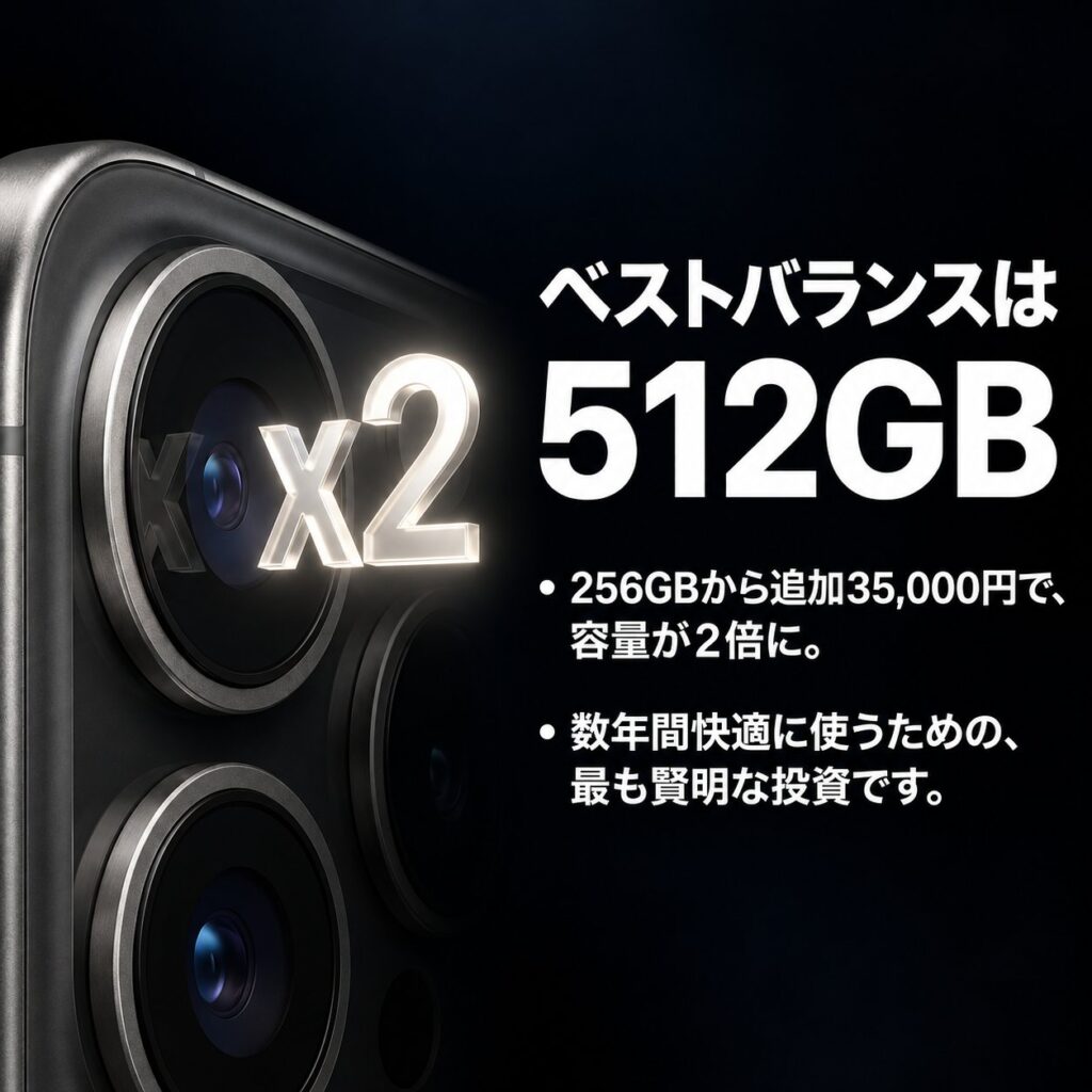 iPhoneのカメラ部分を大きく見せ、「ベストバランスは512GB」と、256GBから35,000円追加で容量2倍と示す画像。