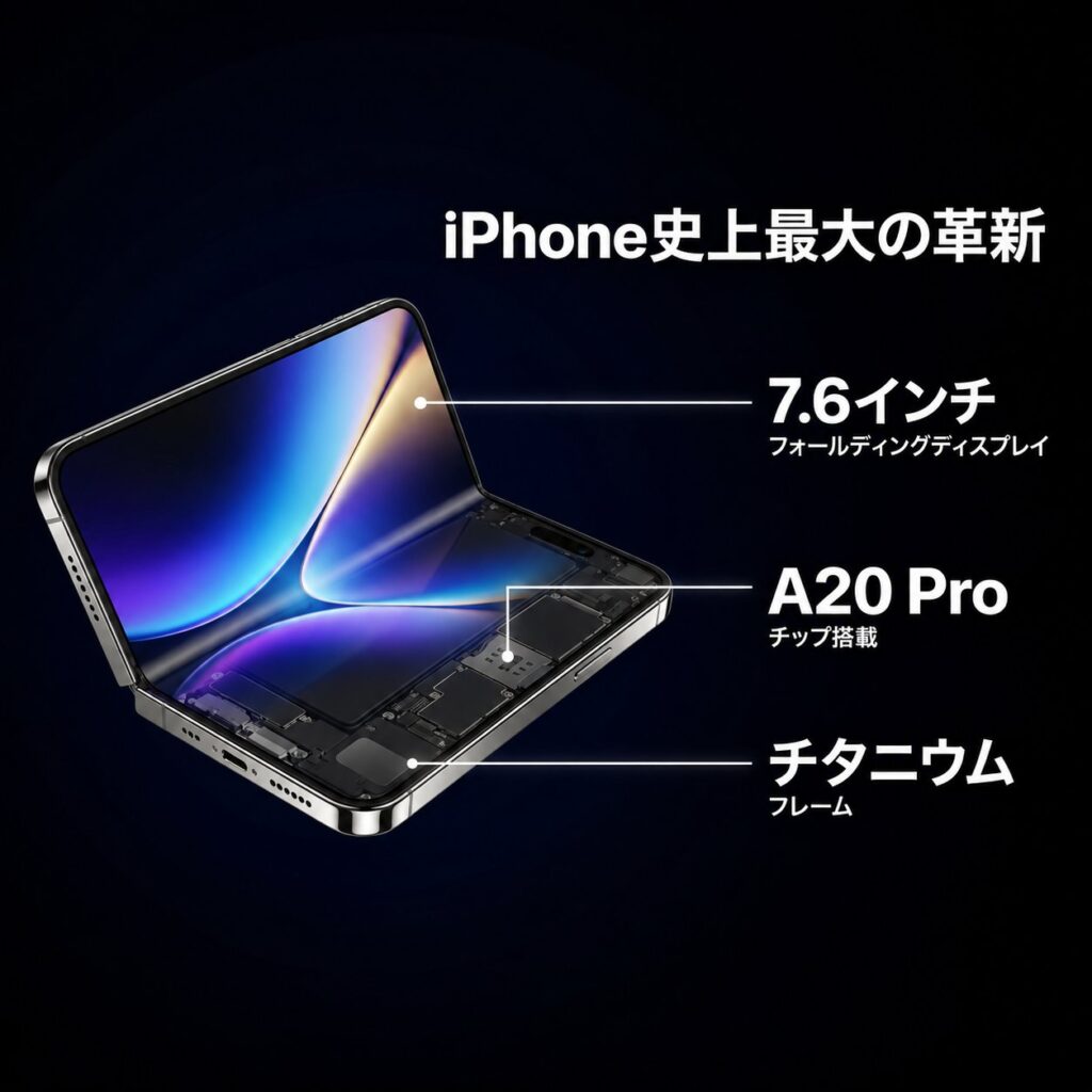 開いたiPhone Duoの内部構造イメージに、7.6インチ画面、A20 Proチップ、チタニウムフレームの特徴を示した図。