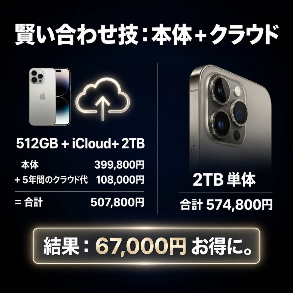 iPhone Duo 512GBとiCloud+ 2TBの5年間合計507,800円を、2TB本体574,800円と比較し67,000円差を示す図。