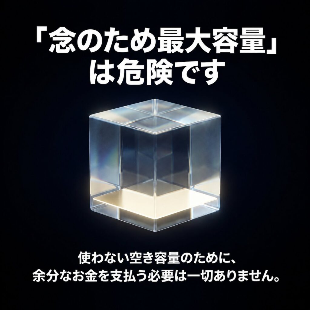 透明な立方体を中央に配置し、「念のため最大容量は危険です」と、使わない空き容量への出費を注意喚起する画像。