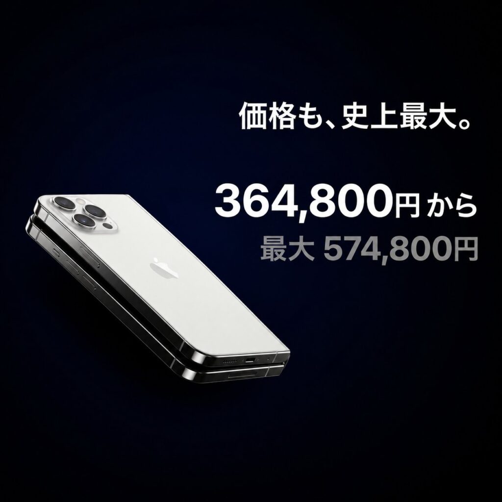 白いiPhone Duoの端末画像とともに、256GBが364,800円から、最大2TBが574,800円と示した価格比較画像。