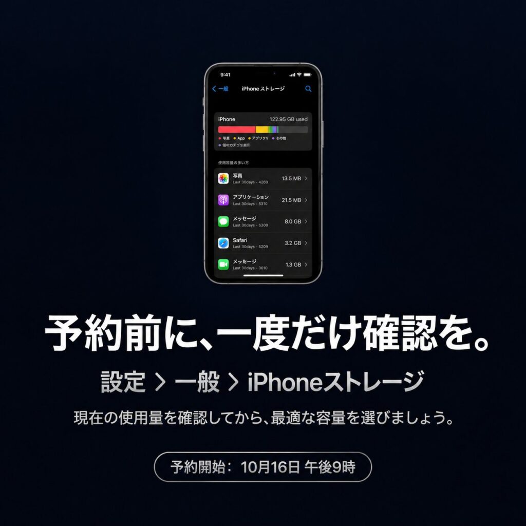 iPhoneの「設定＞一般＞iPhoneストレージ」画面例と、「予約前に一度だけ確認を」と購入前の容量確認を促す画像。