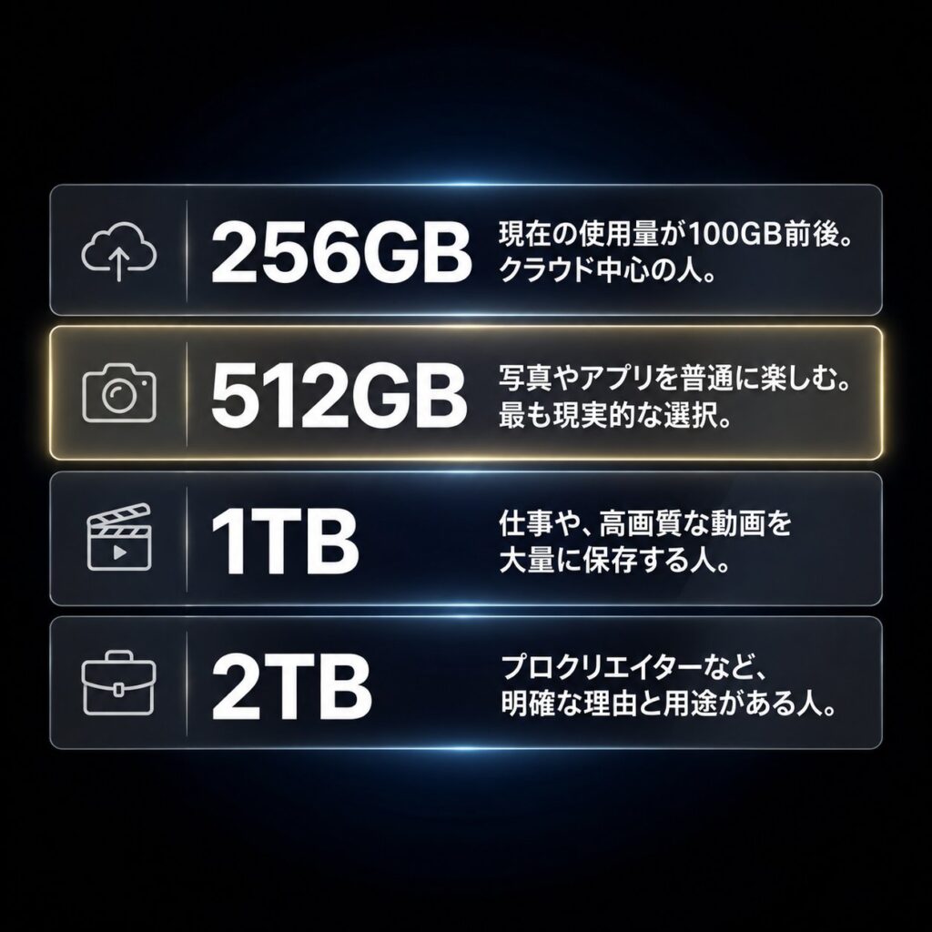 256GB、512GB、1TB、2TBの4段に分け、クラウド中心、一般利用、動画保存、プロ用途ごとの目安を示した容量選び表。