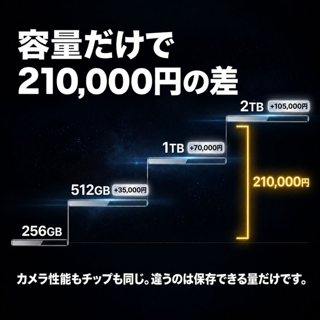 256GB、512GB、1TB、2TBへ容量が増えるごとの追加料金を階段状に示し、最大21万円差を強調した比較図。