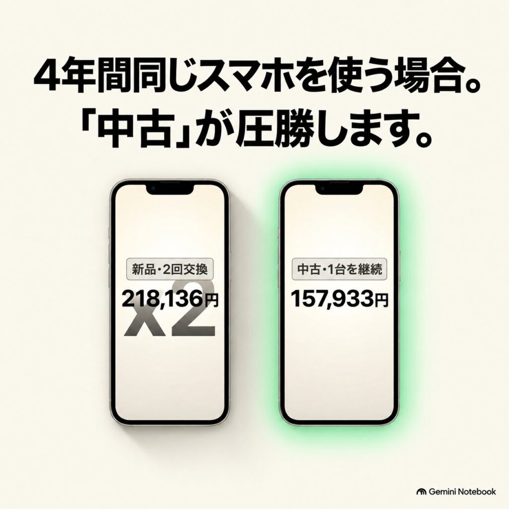 4年間の総額として新品2回交換218,136円と中古1台継続157,933円を比較し、中古側を強調した画像。