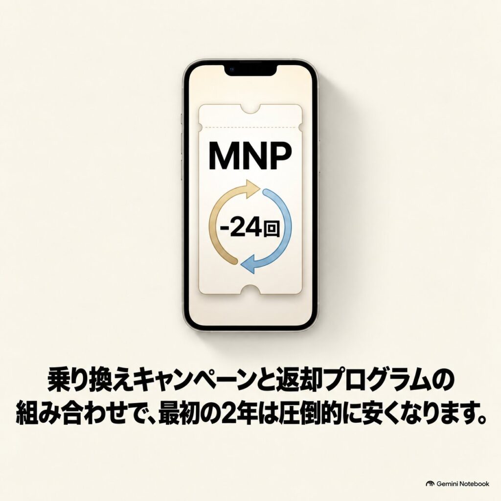 iPhone画面にMNPと24回を示すチケットを描き、乗り換えキャンペーンと返却プログラムで2年間の負担が下がることを表した画像。