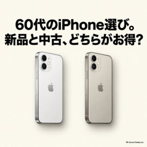 白い新品iPhoneと傷のある中古iPhoneを並べ、60代のiPhone選びで新品と中古のどちらがお得かを問いかける比較画像。